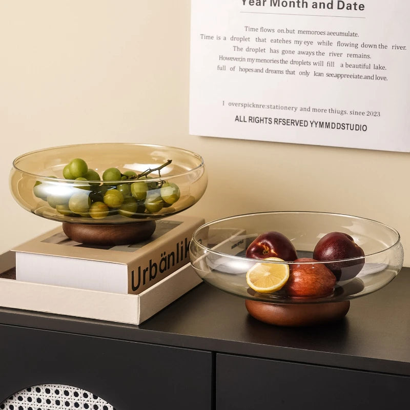 Elegant Glass Fruit Bowl with Acacia Wood Base