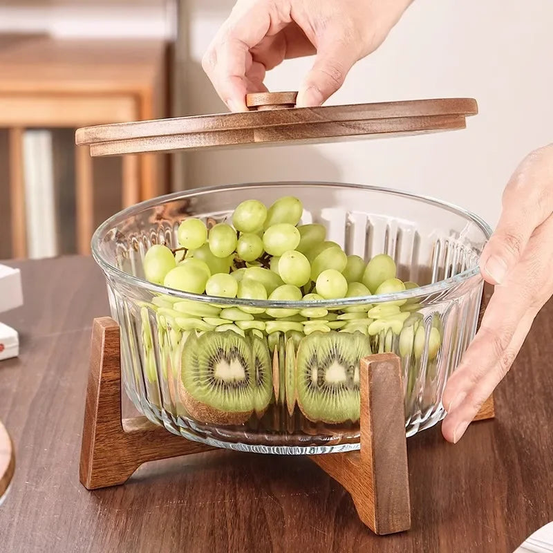 Large Glass Storage Jar with Wooden Stand — Fruit & Snack Display Bowl