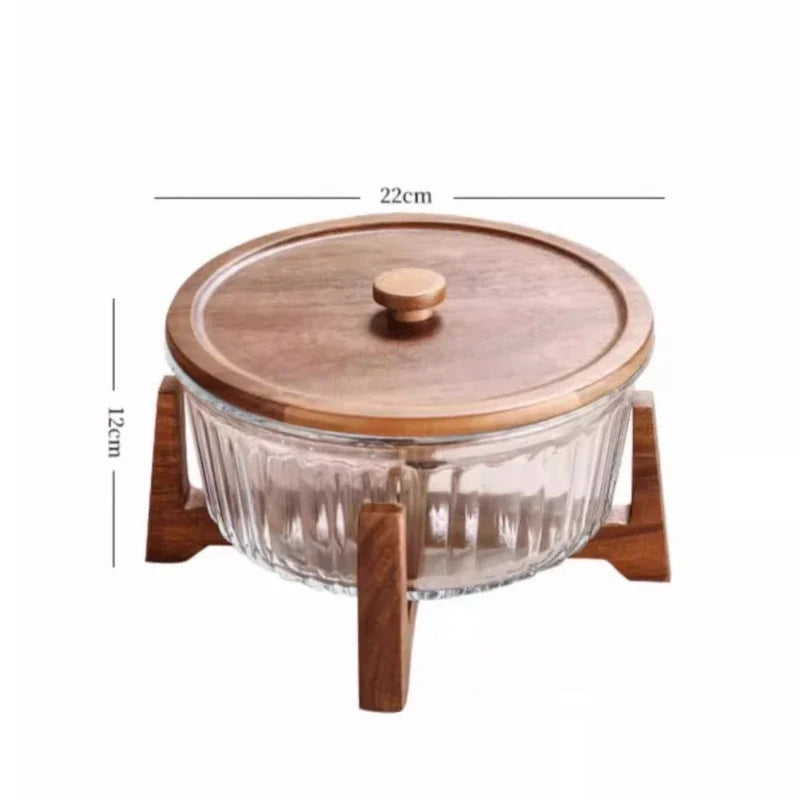Large Glass Storage Jar with Wooden Stand — Fruit & Snack Display Bowl