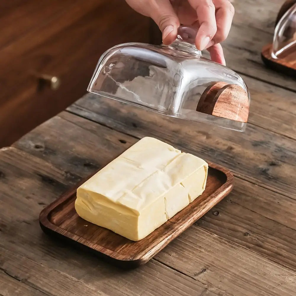 Wooden Butter Box with Glass Dome Cover — Kitchen & Dining Storage