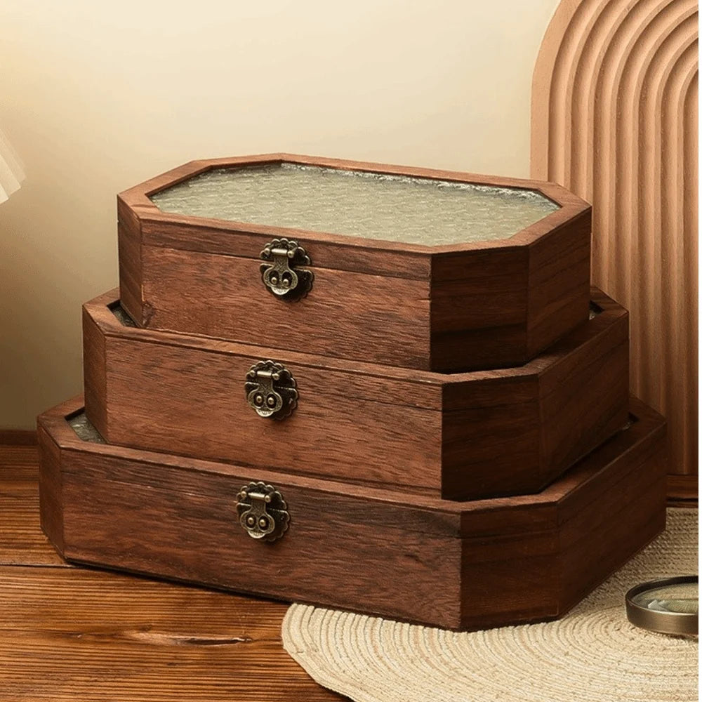 Luxury Wooden Jewellery & Cosmetic Box with Glass Lid
