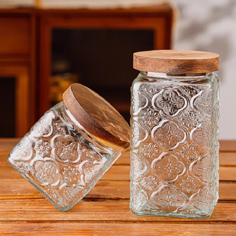 Retro Glass Airtight Storage Jars with Wooden Lids
