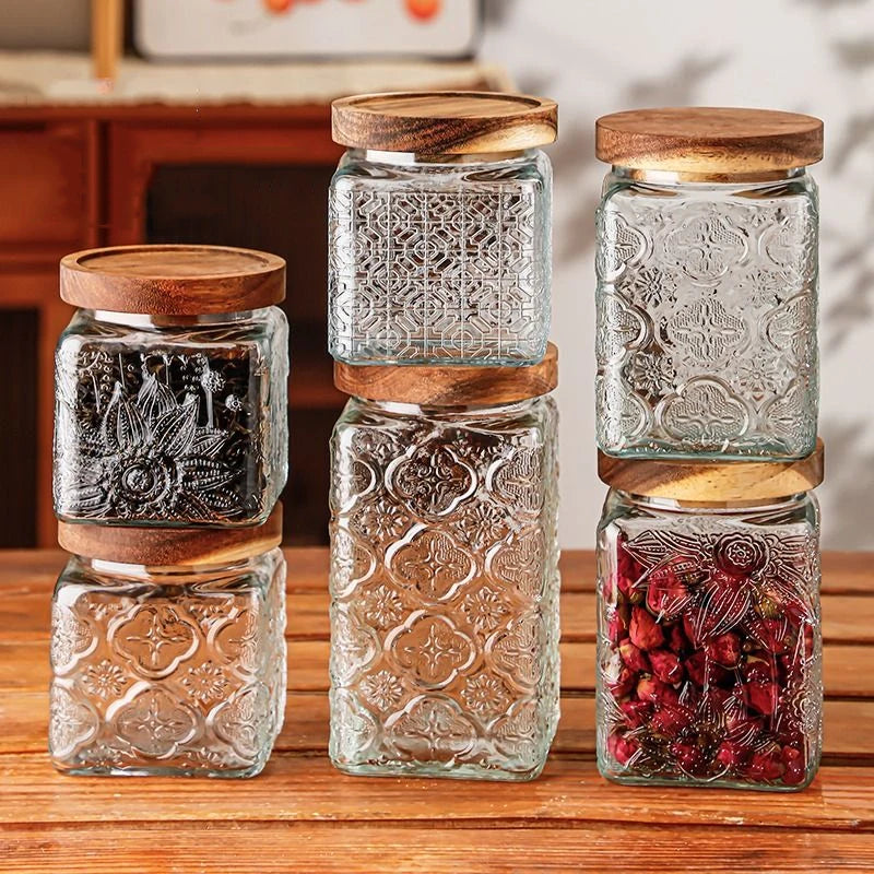 Retro Glass Airtight Storage Jars with Wooden Lids