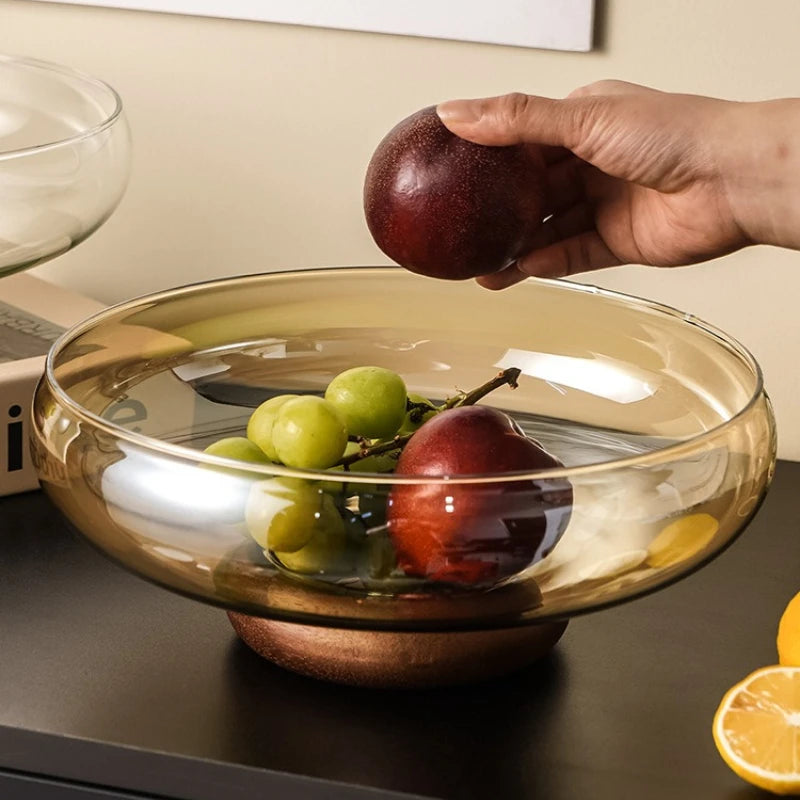 Elegant Glass Fruit Bowl with Acacia Wood Base