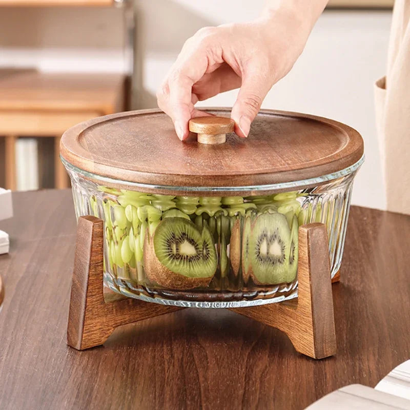 Large Glass Storage Jar with Wooden Stand — Fruit & Snack Display Bowl
