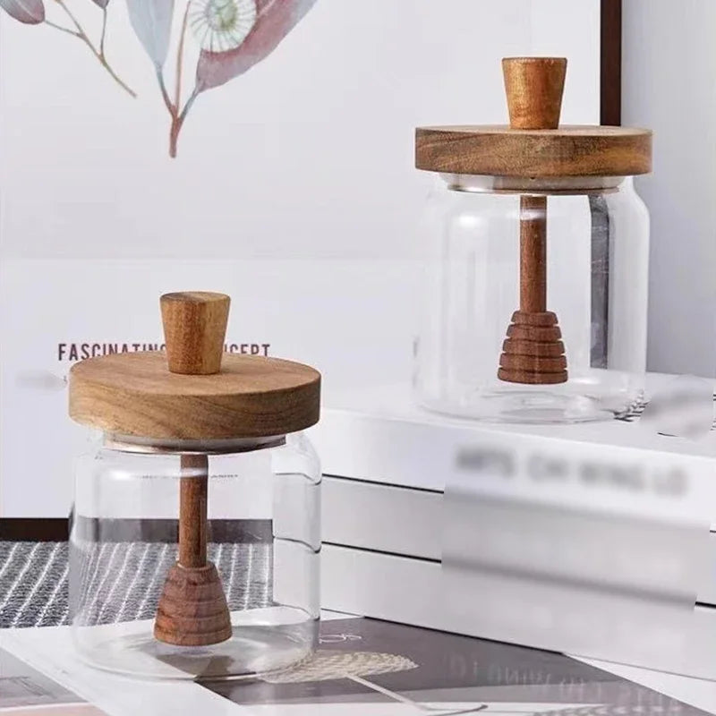 Borosilicate Glass Honey Jar with Wooden Lid & Dipper