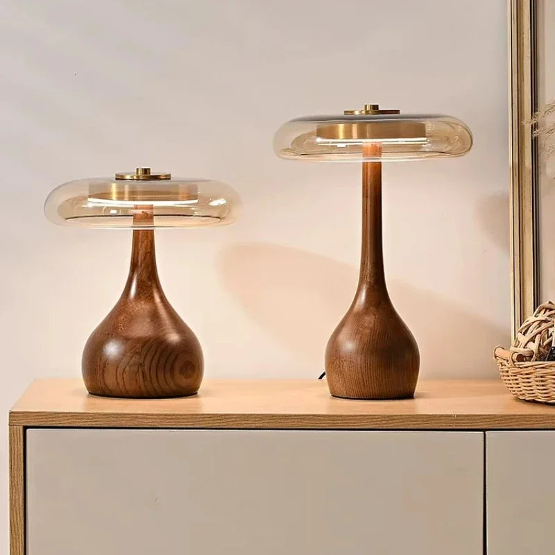 Retro French Style Wooden Lamp — Glass Table Light for Bedroom & Living Room