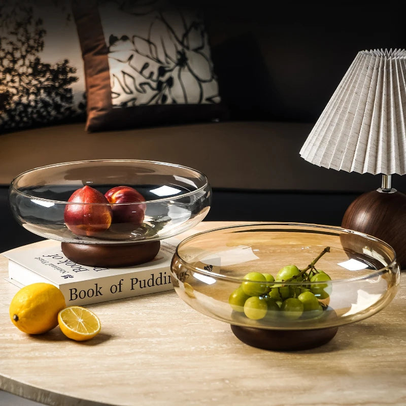 Elegant Glass Fruit Bowl with Acacia Wood Base