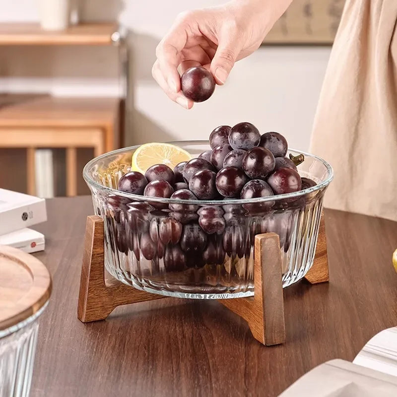 Large Glass Storage Jar with Wooden Stand — Fruit & Snack Display Bowl