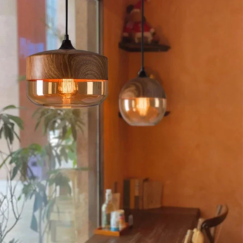Nordic Glass Pendant Light — Modern Wood & Glass Hanging Lamp