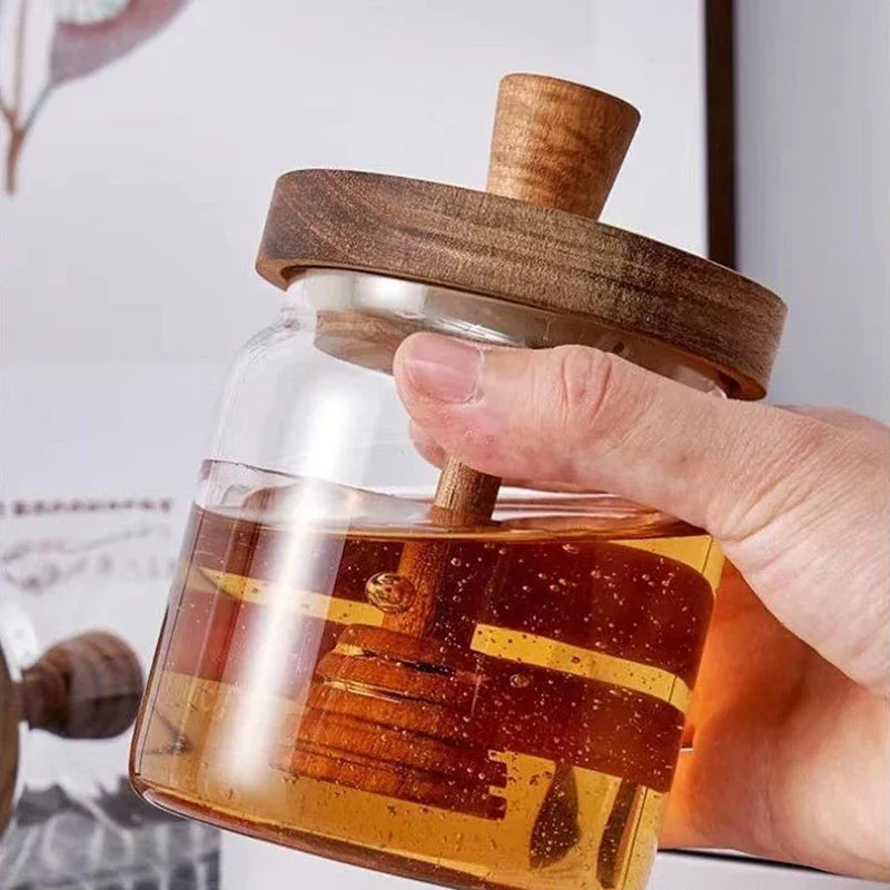 Borosilicate Glass Honey Jar with Wooden Lid & Dipper