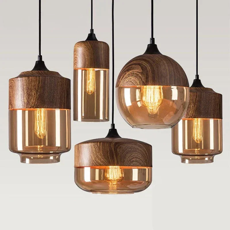 Nordic Glass Pendant Light — Modern Wood & Glass Hanging Lamp