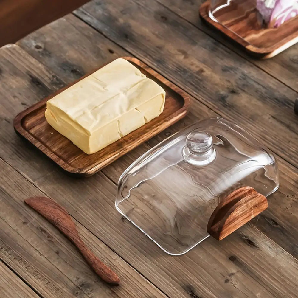 Wooden Butter Box with Glass Dome Cover — Kitchen & Dining Storage