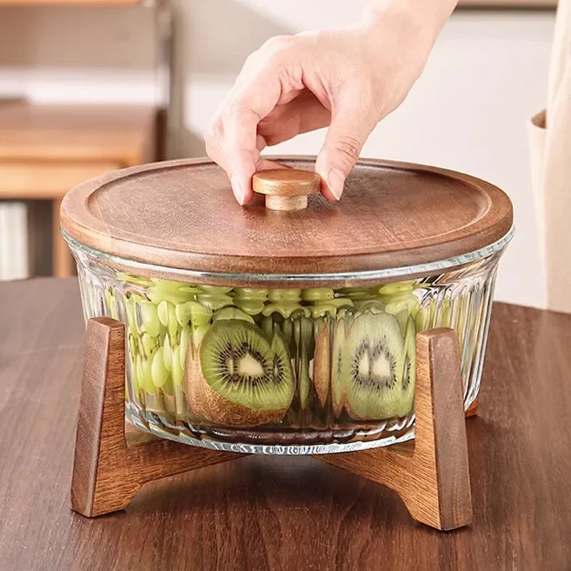 Large Glass Storage Jar with Wooden Stand — Fruit & Snack Display Bowl