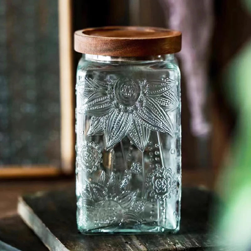 Retro Glass Airtight Storage Jars with Wooden Lids