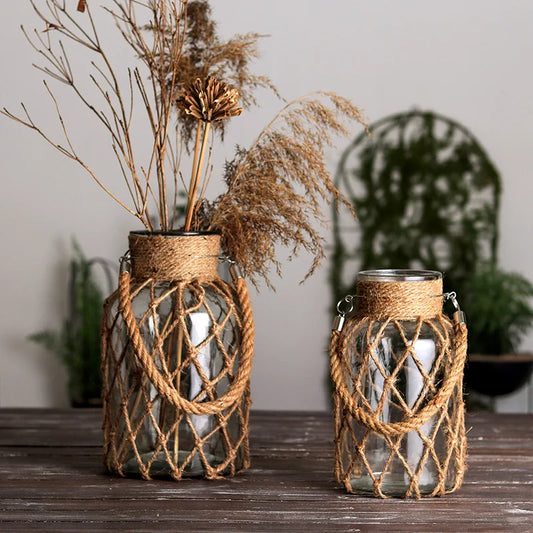 Bohemian Glass Hydroponic Vase with Handwoven Mesh — Home Décor