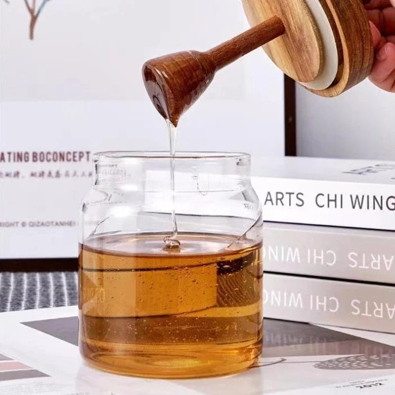 Borosilicate Glass Honey Jar with Wooden Lid & Dipper