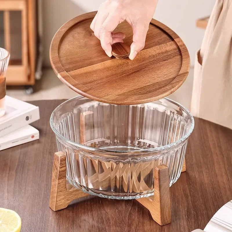 Large Glass Storage Jar with Wooden Stand — Fruit & Snack Display Bowl
