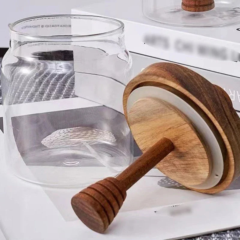 Borosilicate Glass Honey Jar with Wooden Lid & Dipper